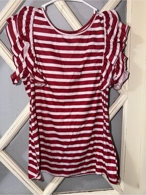 SHEIN Pink and White Striped Ruffle Trim Tee